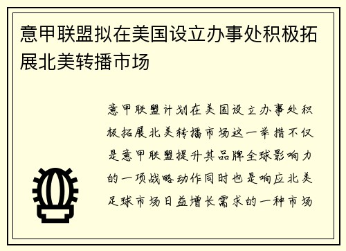 意甲联盟拟在美国设立办事处积极拓展北美转播市场